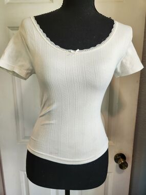 Women's Scoop Neck Ribbed Short Sleeve Top - White